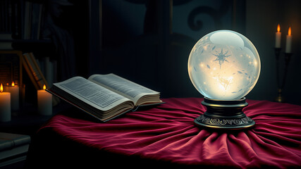 Crystal ball and spell book on red velvet cloth.