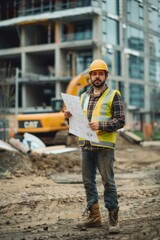 Construction worker in safety gear at job site