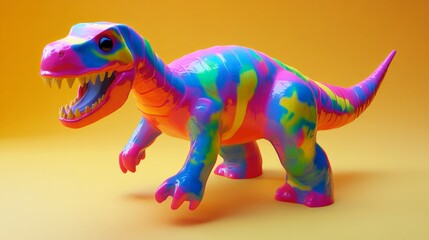 Colorful rainbow dinosaur toy in vibrant hues on a yellow background. Playful and fun decor for kids or creative projects.