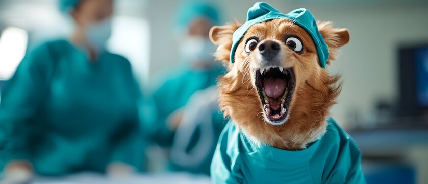 Comical scene of a dog dressed as a doctor, making a double-take with an exaggerated, goofy face in its scrubs
