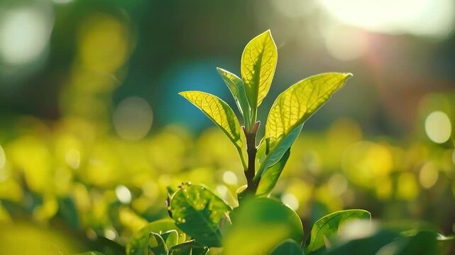 A young tea plant  is growing in a field