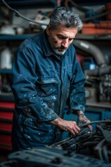 Obraz premium Male mechanic in a working on a car engine