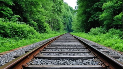 Fototapeta premium a train track with a train track and trees in the background.