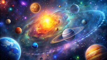 of a colorful and imaginative representation of the universe, cosmos, space, stars, planets, galaxy, astronomy
