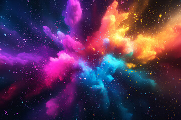 neon chromatic explosion visualized explosion with neon chromatic colors, colorful rainbow paint color powder explosion vector on black background