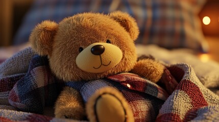 Cute teddy bear snuggled in checkered blanket on cozy bed. Warm lighting creates a comforting and relaxing atmosphere for sleep.