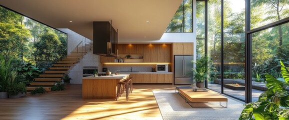 Fototapeta premium Luxury Home Interior With Staircase, Refrigerator