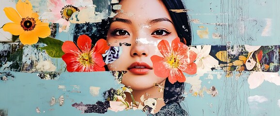 Woman's face with flowers and a distressed blue background.