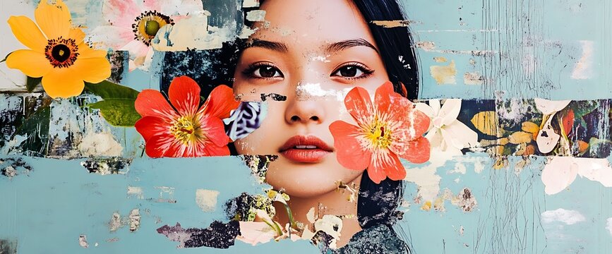 Woman's face with flowers and a distressed blue background.