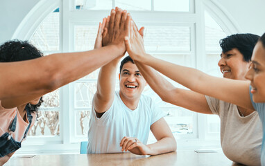 Happy, family and high five with support at house for bonding success, celebration and achievement...