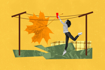 Composite photo collage of astonished girl jump dry maple leaf laundry day washing autumn herbarium isolated on painted background