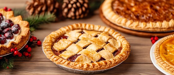 Closeup of holiday pies on display, focus on Thanksgiving desserts and festive presentation, rustic kitchen