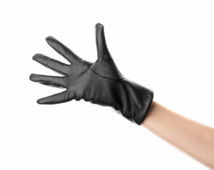 Black leather women's gloves isolated on white. Women's hands in black leather gloves isolated on white.
