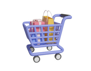 3D rendered illustration of gift shopping concept: integrated experience with shopping cart, gift box and shopping bag icons isolated on transparent background.