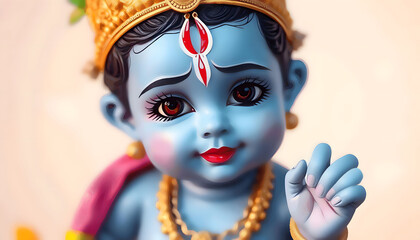 Cute little baby Krishna with blue skin on light background. Birthday of Krishna, eighth avatar of Vishnu. Gokulashtami. Indian religious festival or Shree Krishna Janmashtami