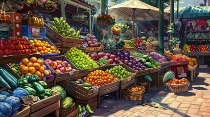 Fototapeta premium Envision a bustling farmers market with colorful stalls brimming with fresh produce.