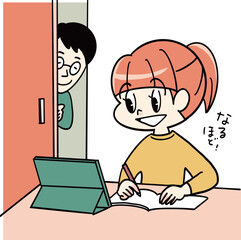 デジタルデバイスを使って自習する女の子と見守る父