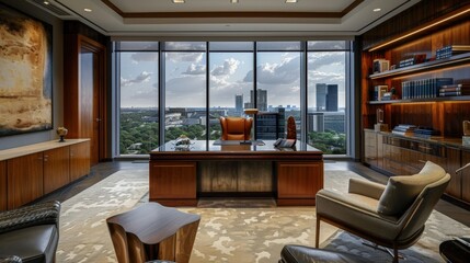 Envision a CEO's office with a panoramic view of the city