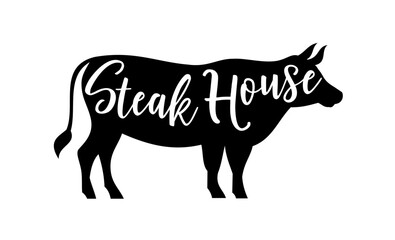 Steak house cow logo. Vector illustration. Retro style grill restaurant, bar emblem, badge, design, logotype template. Barbecue restaurant typography logo. Vintage design. Steakhouse vector cow logo.