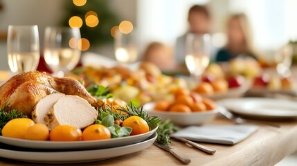 Thanksgiving dinner table with a rustic theme, focus on holiday feast and family gathering, elegant dining room