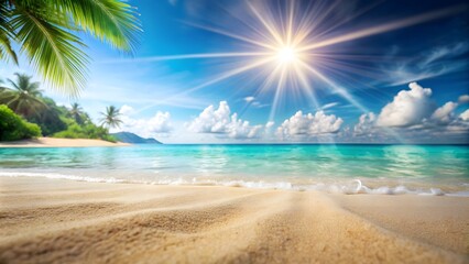 Obraz premium Blurry tropical beach background with soft sand, sparkling sea water, and rays of sunshine , Summer, vacation, nature