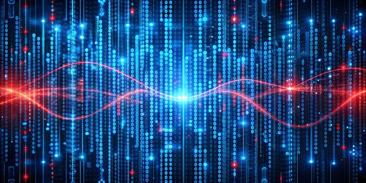 of waves in a blue matrix code structure mixed with red dangerous code lines, technology, cyber security, coding, digital