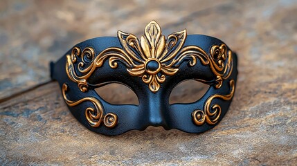 Black and Gold Venetian Mask on Wooden Background.