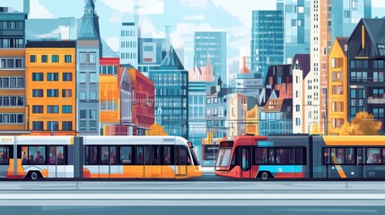 Obraz premium A vibrant city scene featuring trams amidst modern architecture.