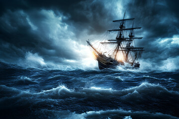 Obraz premium Ship on the high seas in a Storm, Pirate Ship on Stormy Sea, Sailboat on high waves In the scary sea Sea waves in a violent storm Ship in the ocean