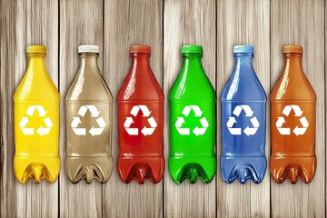 Plastic bottles of different colors, all of them with the recycling symbol.
