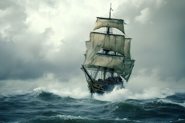 Ship on the high seas in a Storm, Pirate Ship on Stormy Sea, Sailboat on high waves In the scary sea Sea waves in a violent storm Ship in the ocean