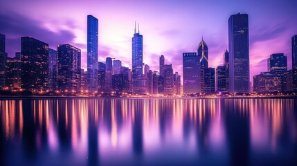 Obraz premium A vibrant city skyline at dusk reflecting on water.