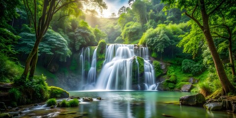 Obraz premium A beautiful waterfall surrounded by lush greenery in the forest, waterfall, forest, nature, scenery