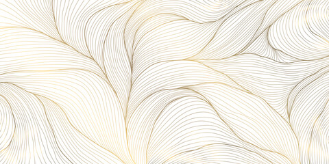 Vector art deco gold leaves pattern, abstract line luxury floral illustration, foliage jungle wavу background. Elegant exotic decor, japanese ornament, palm print