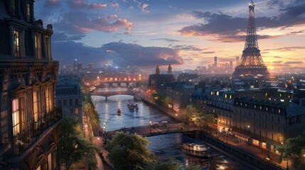 Naklejka premium Envision the historic charm of Paris, with its iconic Eiffel Tower, quaint cafes, and romantic Seine River.