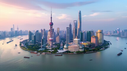 Obraz premium Envision the modern skyline of Shanghai, with its futuristic skyscrapers, bustling waterfront, and traditional gardens.