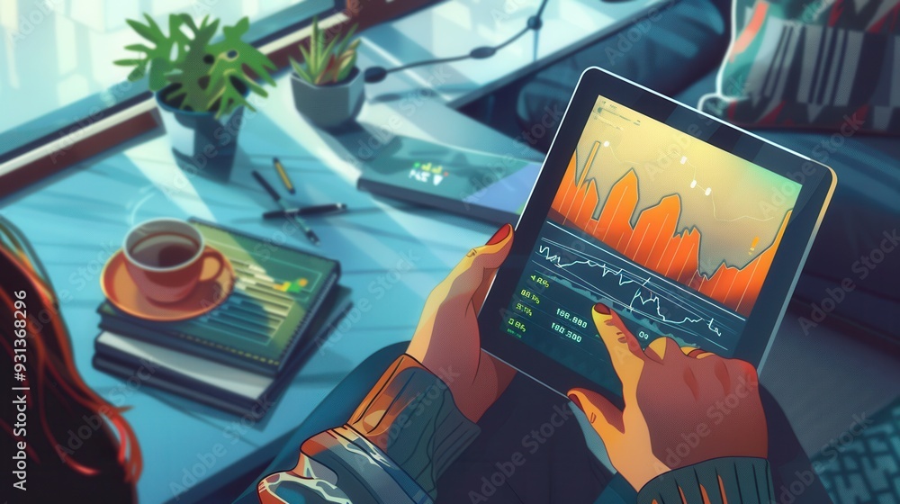 Poster a person interacts with a tablet displaying stock market information in a comfortable home setting. 