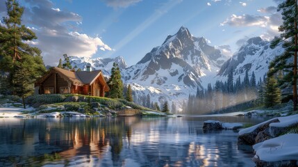 Explore a serene mountain retreat rendered in 3D