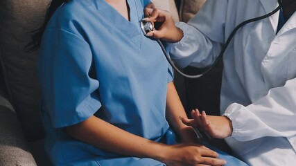 Female attending physician holding stethoscope listening old patient during homecare visit. Doctor checking heartbeat examining elder retired man at home. Seniors heart diseases, cardiology concept.