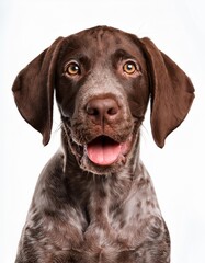 笑顔のジャーマン・ショートヘアード・ポインターの子犬のポートレート（Portrait of a smiling German Shorthaired Pointer puppy on white background）
