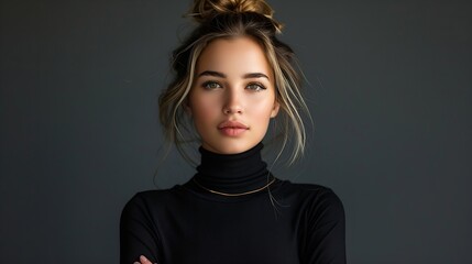 Woman poses confidently dressed in a stylish black turtleneck and exquisite luxury jewelry Hair pulled back in a bun natural cosmetics and makeup : Generative AI