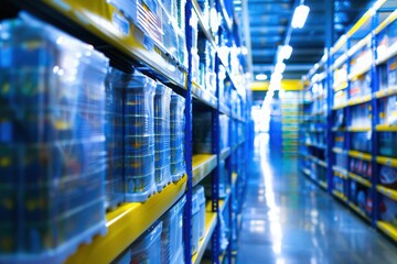 A sleek inventory management interface displayed within a vibrant warehouse filled with organized shelves.