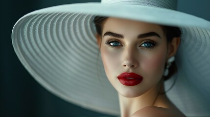 Elegant Lady in White Hat with Red Lips Make up Fashion Woman in Luxury Evening Dress over Black Beautiful Model in Big Wide Brimmed Hat and Wedding Gown : Generative AI