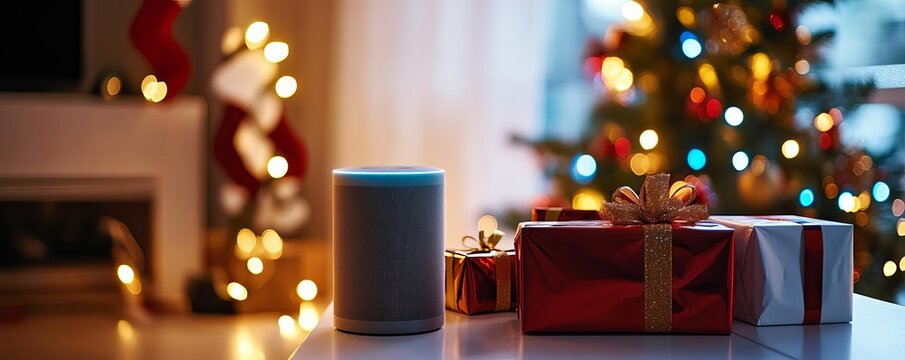 AIgenerated Christmas carols playing on smart speakers, tailored to individual tastes, Technology in Christmas theme, personalized festive music