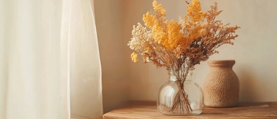 Autumn leaves and goldenrod bouquet in a glass cloche gift box, minimalist