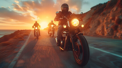 Motorcyclists Riding Along Picturesque Coastal Highway at Sunset