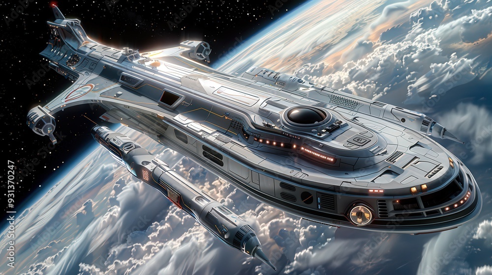 Poster imagine a 3d model of a sci-fi spaceship.