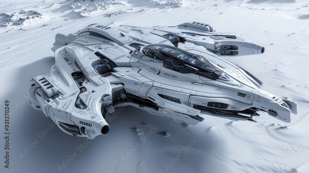 Poster imagine a 3d model of a sci-fi spaceship.