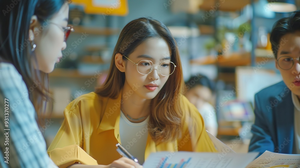 Poster Group of asian business people working and brainstorming in workshop and analyzing marketing reports startup project infographics in the office Sales and business plans presentation id : Generative AI