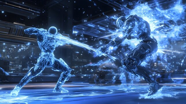 Two detailed high tech avatars engaged in an epic battle within a dynamic futuristic sci fi environment  The scene depicts an intense confrontation between powerful adversarial digital entities